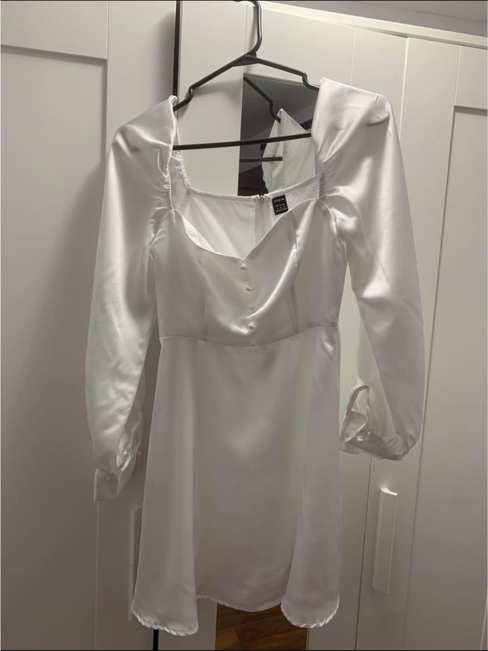 White Satin Long-Sleeve Mini Dress - Elegant Square Neck